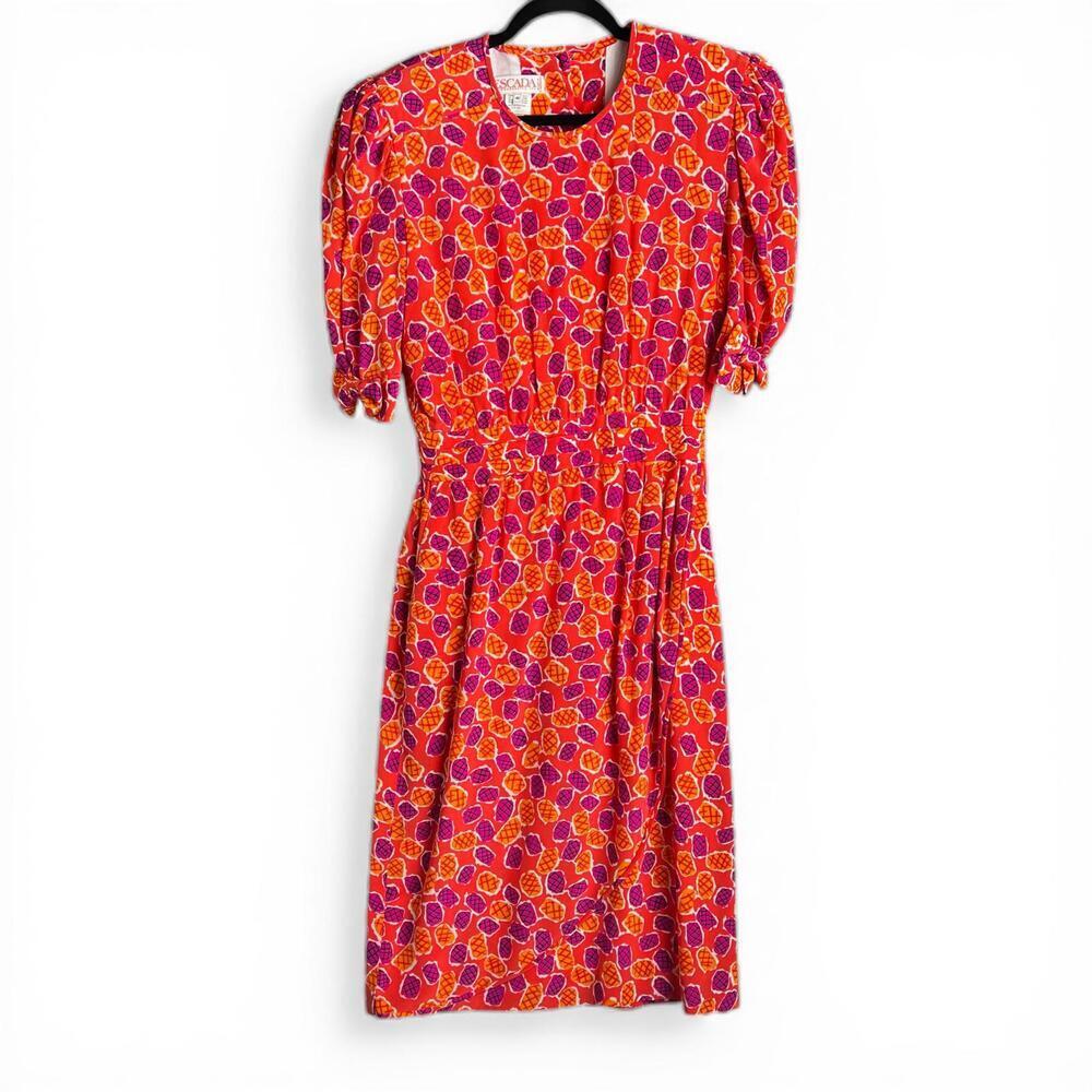 Vintage Escada Colorful Pineapple Print Dress with Puff Sleeves